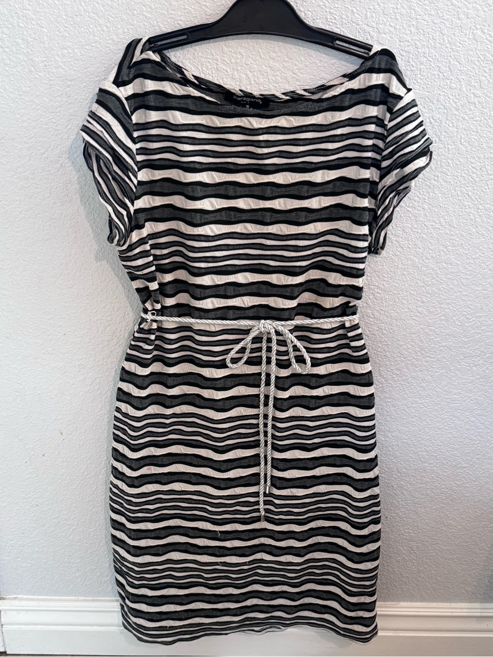 Sharagano Black & White Striped Tie-Waist Midi Dress Size 16